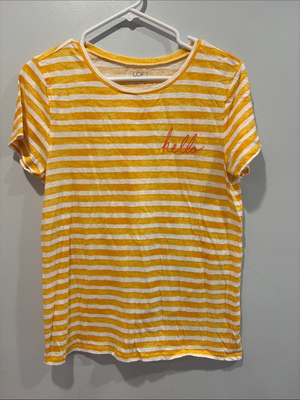 LOFT Yellow & White Striped Short Sleeve Tee with 'hello'  ptp 17 1/2-22